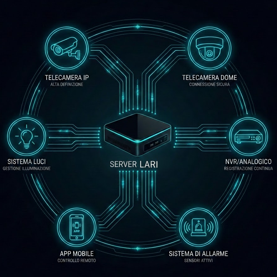 Schema sistema di allarme: connessione telecamere al server Lari